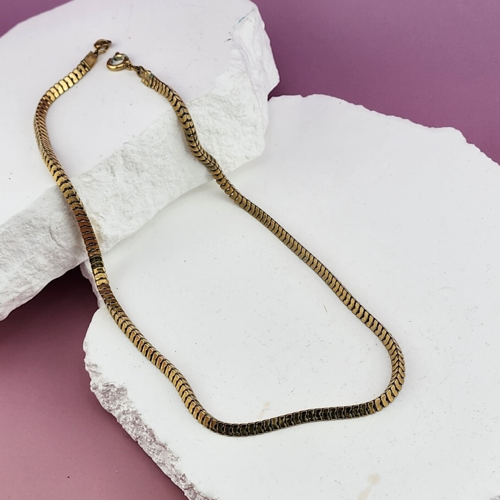 Gold Tone Herringbone Snake Chain Necklace 16 Inch Flat Link Classic Choker